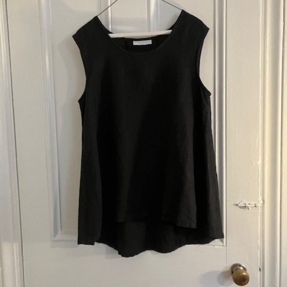 Bryn Walker Black Linen sleeveless tank top with hi-low hem.
